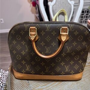 Louis Vuitton Brown Monogram Alma Satchel with Tan Leather Trim